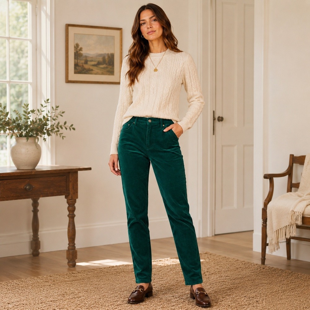 Talbots Velveteen Straight Leg Pants Women Size 10‎ Green Holiday Preppy Classic